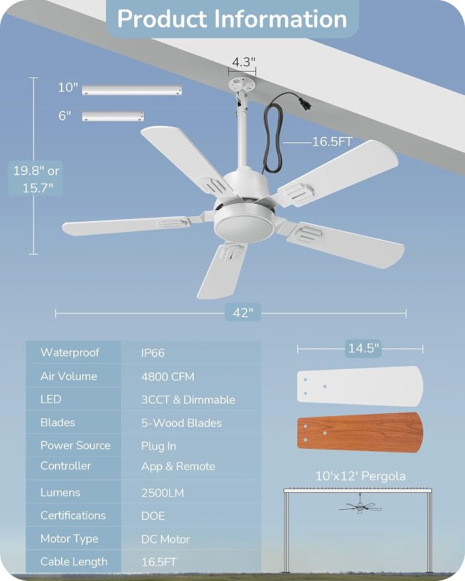 EDISHINE 42" Outdoor Ceiling Fan with Light, IP66 Waterproof Gazebo Hanging Fan, 4800 CFM, 3CCT, APP/Remote Control, 5 Wood Blade, 6-Speed Winds, Plug in Ceiling Fans for Patios Porch Pergola, White