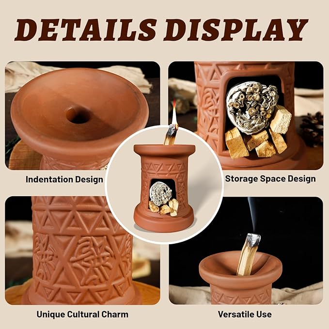 MOUGIGI 2 in 1 Incense Burner, Palo Santo Holder, Chiminea Smudging Bowl with Palo/Sage Storage Space, Handcrafted Ceramic, for Spiritual Meditation, Zen Altar and Home Décor, Perfect for Rituals