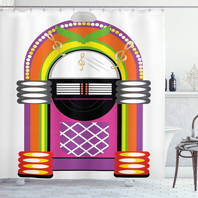 Ambesonne Jukebox Shower Curtain, Cartoon Vivid Design Vintage Music Notes Radio Box Art, Cloth Fabric Bathroom Decor Set with Hooks, 69" W x 75" L, Orange Purple and Green