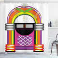 Ambesonne Jukebox Shower Curtain, Cartoon Vivid Design Vintage Music Notes Radio Box Art, Cloth Fabric Bathroom Decor Set with Hooks, 69" W x 84" L, Orange Purple and Green