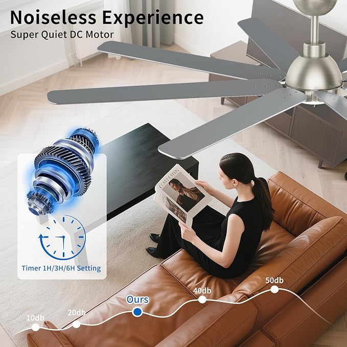 72 Inch Ceiling Fan with Light Remote Control, Brushed Nickel | 6-Speed Quiet Reversible DC Motor, 3CCT Dimmable LED Light,8 Wood Blades,Used for Living Room, Office,Covered Patio