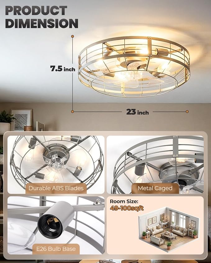 Caged Ceiling Fan with Lights, 23 Inch Farmhouse Remote Control Flush Mount Fan Lights Ceiling Fixtures, E26 Base 6 Speeds Bladeless Ceiling Fans with Lights for Indoor Kitchen Bedroom, Silver