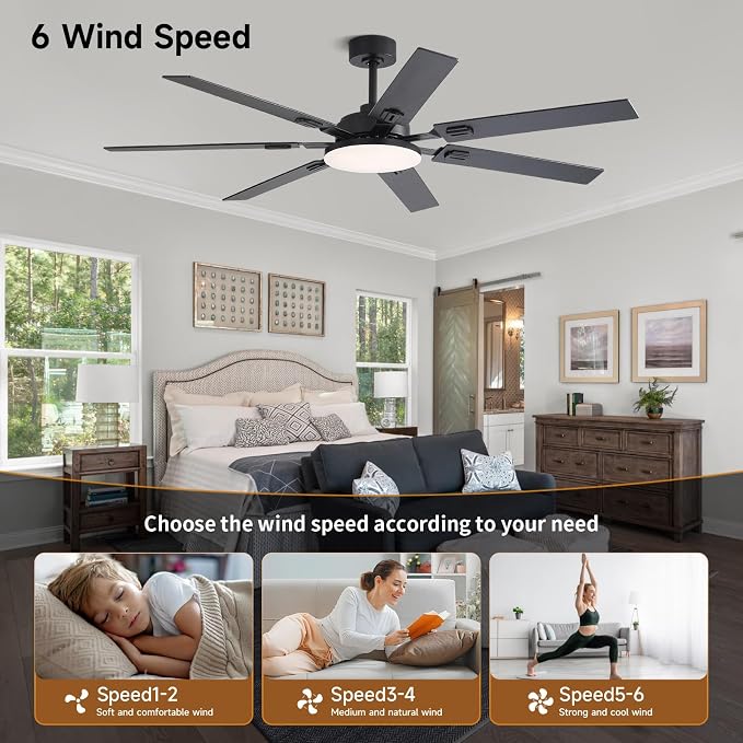 64 Inch Ceiling Fans with Lights and Remote, Bedroom Living Room Office Library Cafe Outdoor Industrial, 5CCT Dimmable, Dual Color 7 Blades, 6 Speed Reversible Quiet DC Motor, Black/Wood Grain