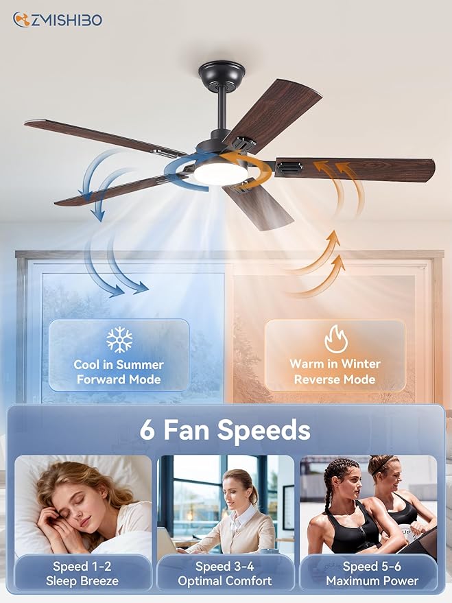 ZMISHIBO 52" Ceiling Fans with Lights, Black Modern Ceiling Fan with Remote & App Control, Farmhouse Indoor Ceiling Fan with Dual Finish Blades, Quiet & Strong Motor, 24W Dimmable Bright LED Light