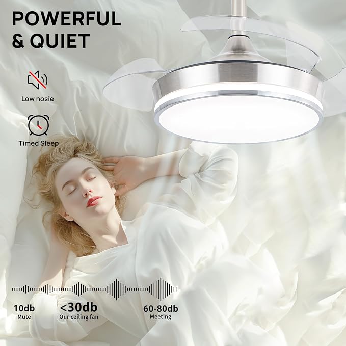 STERREN 30" Retractable Ceiling Fans with Lights, Dimmable LED Ceiling Fan Remote Control, Modern Small Fan Light for Bedroom Living Room Dinning Room Kitchen, 3000K-6500K, 6 Speed (Brushed Nickel)