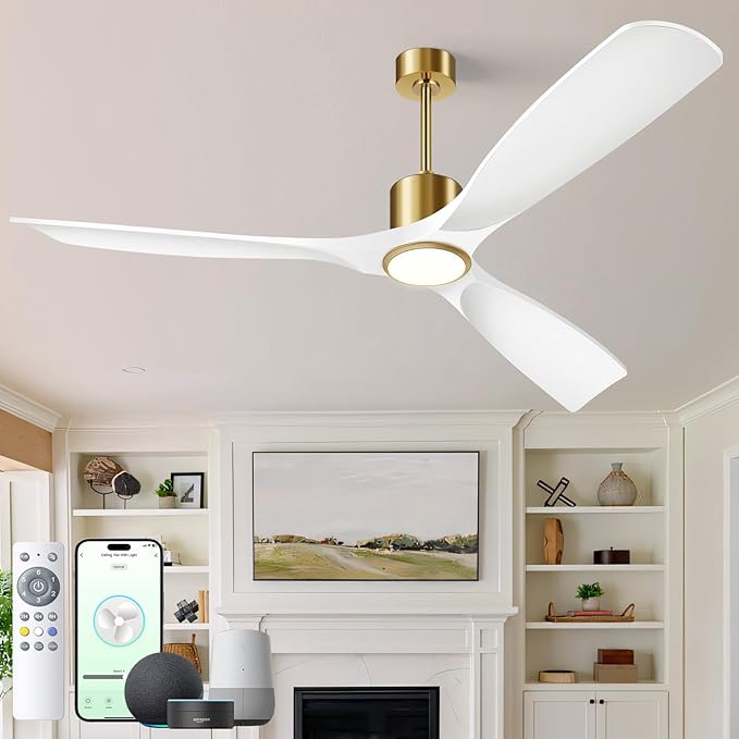 Ceiling Fans with Lights, Ceiling Fans with Lights and Remote Control, 52 inch Modern Smart White and Gold Ceiling Fan, Outdoor Ceiling Fans for Patios 3 Blade Bedroom Farmhouse（White）