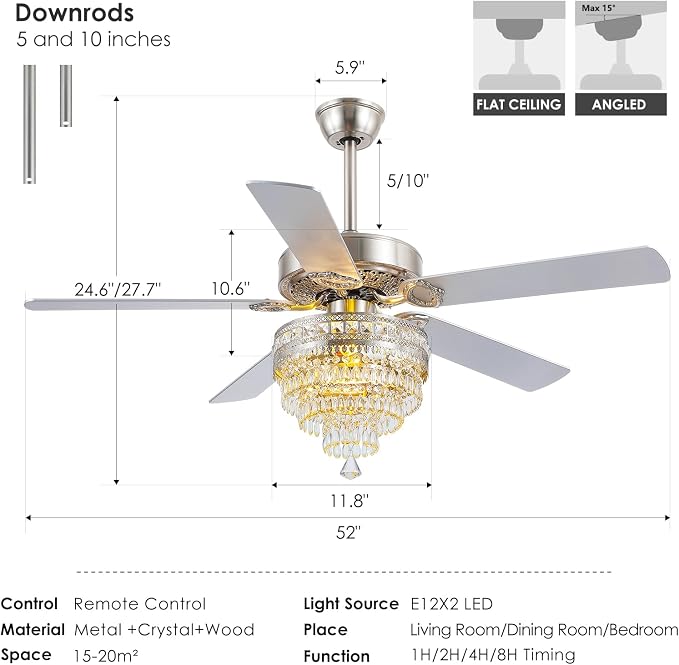 52" Silver Crystal Chandelier Ceiling Fans with Lights and Remote Control | Classical Design,6 Reversible Speeds,30W Quiet DC Motor,5 Wooden Blades,2*E12 LED Bulbs Included,for Living Room Bedroom