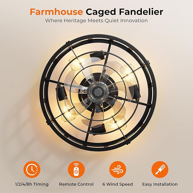 Black 20" Caged Ceiling Fan with Light and Remote, Farmhouse Low Profile Flush Mount Fandelier, Bladeless Ceiling Fans 6 Speeds Reversible, Fan Light Fixture for Bedroom, Living Room, Kitchen