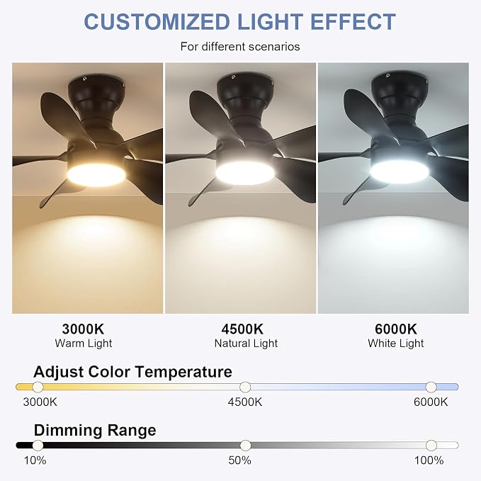 PHORUS 30"Black Low Profile Flush Mount Ceiling Fans with Lights and Remote | Super Large Airflow with 6 Wind Speeds, Reversible, Dimmable 3 CCT LED, 30W Noiseless DC Motor,Timer, for Bedroom Kitchen