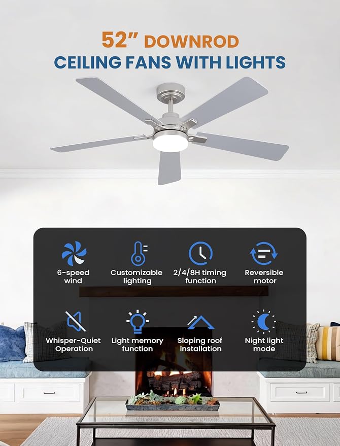 52 Inch Ceiling Fan with Lights and Remote, Downrod Mount, Sloped Ceiling Compatible up to 15°, Quiet Reversible DC Motor, 3CCT Dimmable LED, Nickel Ceiling Fan for Bedroom Living Room