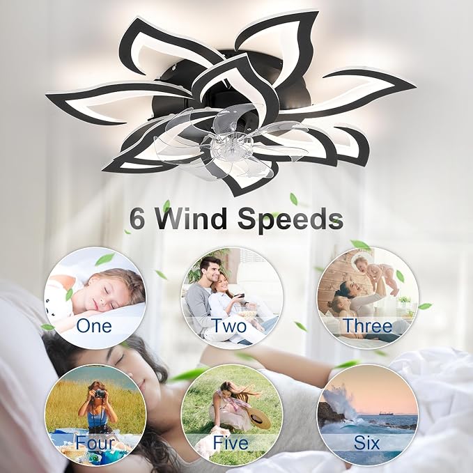 32" Black Flower Ceiling Fan with Light Remote Control, Low Profile Flush Mount Ceiling Fan for Kitchen Bedroom Living Room