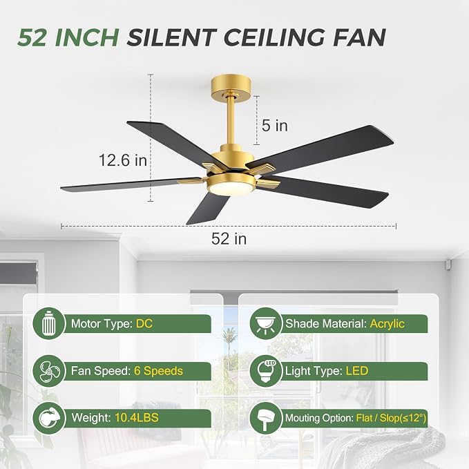 Ceiling Fans with LED Lights, 52 Inch 5-Blade Ceiling Fan Remote Control, Industrial Ceiling Fan with Reversible DC Motor, Downrod Mount LED Ceiling Light Chandelier for Bedroom (Gold & Black)