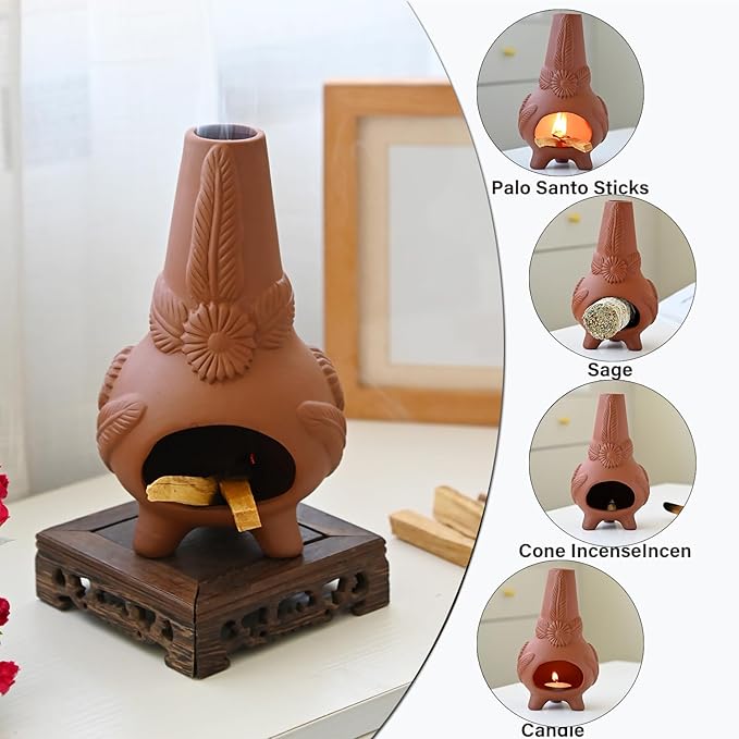 Palo Santo Holder, Ceramic Incense Burner for Wood Sticks, Sage, Cones,Mini Chimenea Palo Santo Burner with Ash Brush for Meditation Yoga Spa Room Decor
