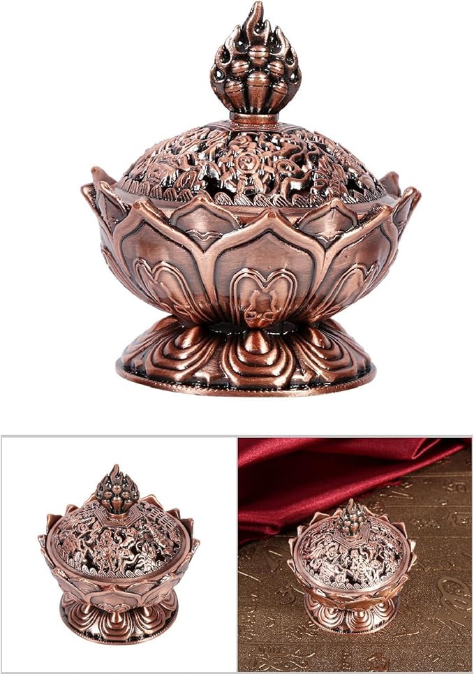 Lotus Incense Burner Holder - Antique Zinc Alloy Metal Censer with Ash Catcher - Vintage Zen Home Decor for Meditation, Yoga, Spa - Fits Incense Cones, Sticks, and Coils (Antique Red)