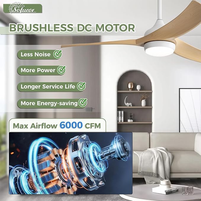 Sofucor 52 Inch Smart Ceiling Fan, Modern Outdoor Ceiling Fans with Lights Remote Control, Works with Alexa/App/Google, Airflow 6000CFM ABS 3 Blades Reversible DC Motor for Living Room Bedroom Patio