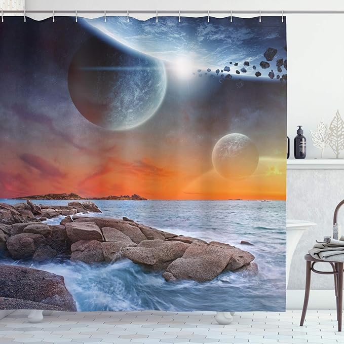Ambesonne Galaxy Shower Curtain, Planet Landscape View from a Rocky Beach Ocean Science Room Theme, Cloth Fabric Bathroom Decor Set with Hooks, 69" W x 70" L, Orange Umber
