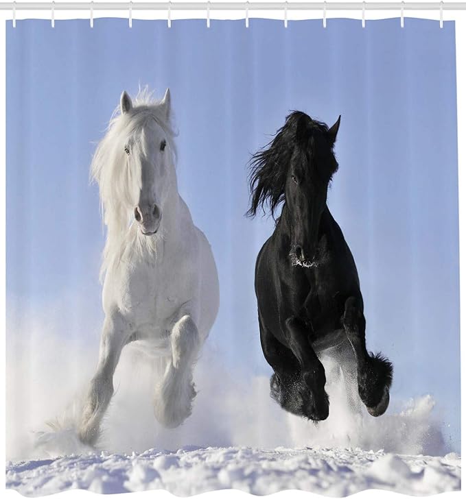 Ambesonne Horses Shower Curtain, Competing Racing Black and White Horses on Snow and Evil Mythical Symbolic Creatures, Cloth Fabric Bathroom Decor Set with Hooks, 69" W x 70" L, Blue