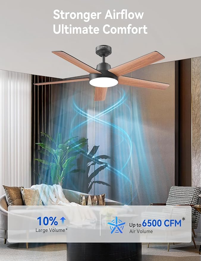 AKOFUN Ceiling Fans with Lights and Remote, Low Profile Ceiling Fan with Light, 6 Speed, Dimmable, DC Motor, Quiet, Timer, Modern LED Ceiling Fan for Bedroom Living Room 52 inch, Black