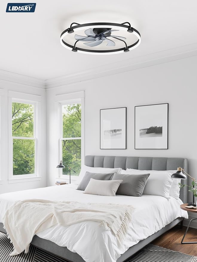 LEDIARY 30" Ceiling Fans with Lights and Remote, Low Profile,Large, Black | 3000K-6000K Stepless Dimmable Fandelier, Reversible DC Motor, Remote and APP Control, Bedroom Kitchen Living Room Fan Light