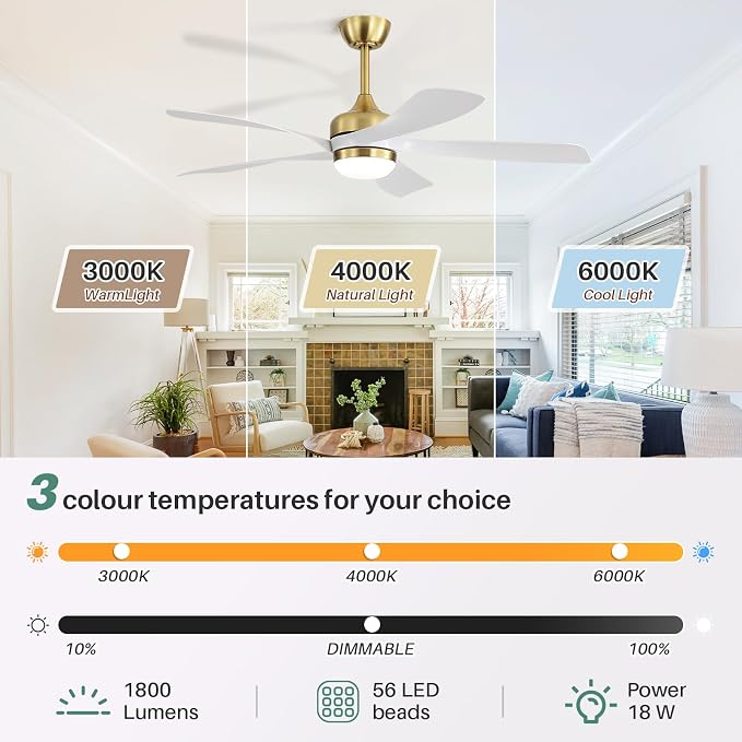 CACI Mall 52 Inch Ceiling Fans with Lights and Remote, modern, Outdoor ceiling fan with 6-Speed, 5 Blades, 2 Downrods, 3 CCT, Timer, Quiet Reversible DC Motor for Living Room, Bedroom, Patios