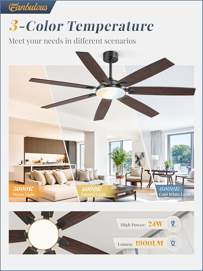 Fanbulous 62 Inch Large Ceiling Fans with Lights and Remote, Black Modern Ceiling Fan with 3CCT LED Light, Quiet DC Motor,Indoor/Outdoor Ceiling Fan with 7 Dual Finish Blades for Living Room, Patio