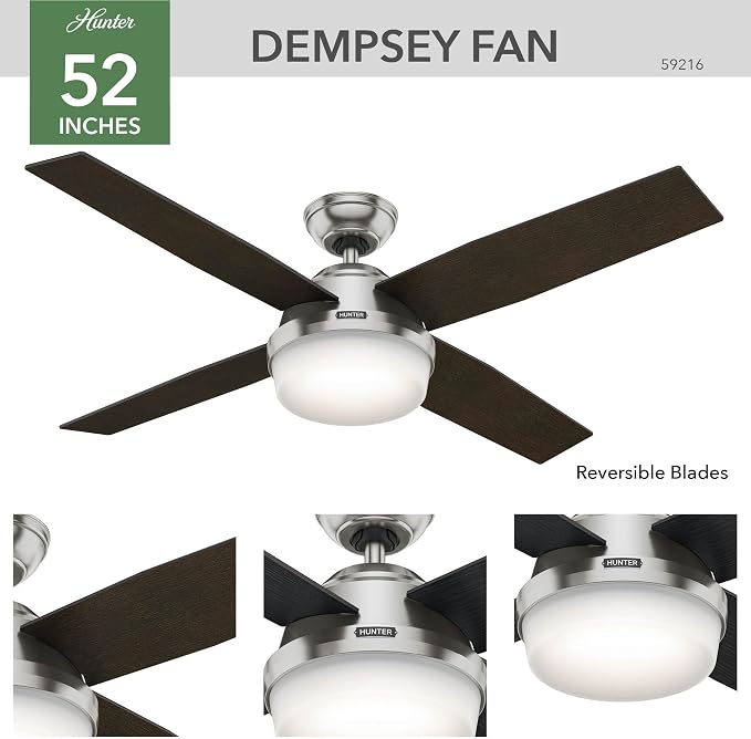 Hunter Dempsey, Indoor, Ceiling Fan, Modern, 52 inch, Brushed Nickel | with LED Light and Remote Control, Standard Mount, 4 Black Oak Blades, For Bedroom, Living Room, Kitchen, 59216