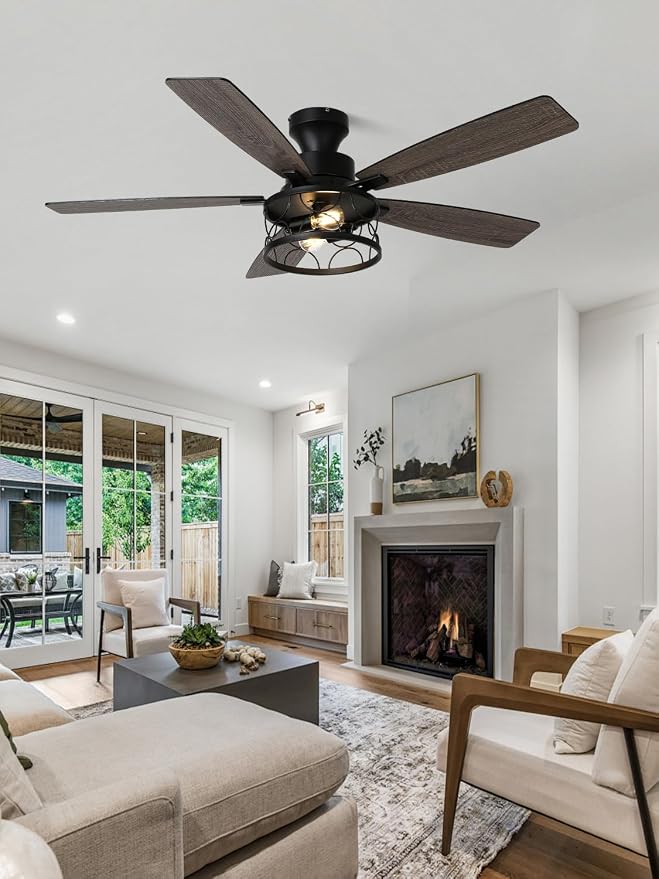 52 Inch Flush Mount Farmhouse Ceiling Fan with Lights and Remote | Rustic Fandelier Black Metal Caged Chandelier Fan, 5 Dual Blades, Reversible Quiet DC Motor 6 Speed, for Bedroom Living Room