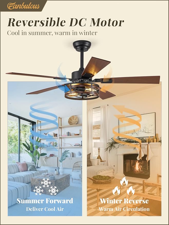 Fanbulous Farmhouse Ceiling Fans with Light, 48 Inch Bedroom Ceiling Fan with Lights, 6-Speed Adjustable, Quiet and Reversible DC Motor, Dual Finish 5 Blades, Rustic Caged Ceiling Fan for Living Room