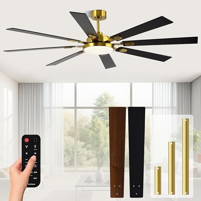72 Inch Ceiling Fans with Lights and Remote, Dual Color 8 Blades, Bedroom Living Room Office Library Cafe Outdoor Industrial, 3CCT Dimmable, 6 Speed Reversible Quiet DC Motor, Gold/Wood Grain