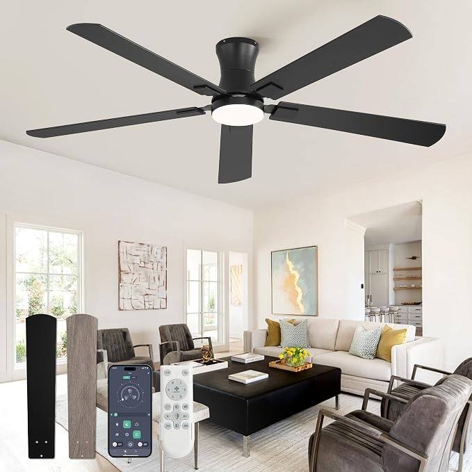 Fanbulous 60 inch Ceiling Fan with Light, Low Profile Ceiling Fan with Light, App&Remote Control, Dimmable LED Light, Flush Mount Ceiling Fan for Indoor Bedroom Living Room, Qiuet DC Motor