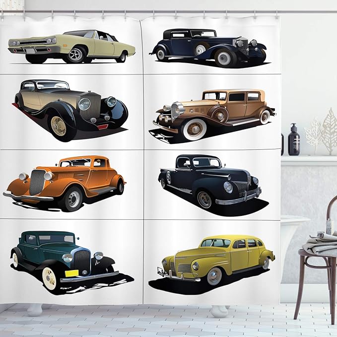 Ambesonne Cars Shower Curtain, Rare Fifties Vintage Vehicle Closed Roof Tops Original Timeless Automobile Graphic, Cloth Fabric Bathroom Decor Set with Hooks, 69" W x 70" L, Multicolor White