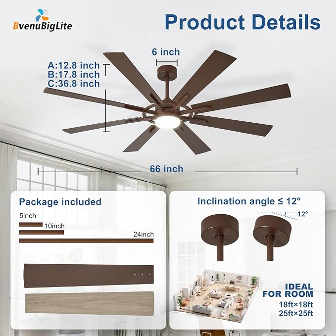 Large Ceiling Fans with Lights: Modern 66 Inch 8 Blade Outdoor Ceiling Fan with Remote APP Control - Dimmable Brown Big Fan light Indoor Reversible 6 Speed Quiet DC Motor