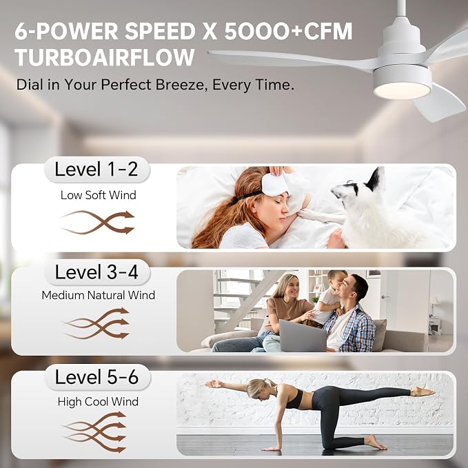 CACI Mall 48 inch White Smart Ceiling Fans with Lights, Low Profile, Modern, 3 Blades, Solid Wood, Remote Control, Work with Alexa/Google, Outdoor Indoor Ceiling Fans for Patio Living Room Bedroom