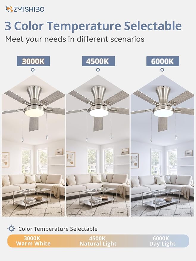 ZMISHIBO Ceiling Fans with Lights, Low Profile Ceiling Fan with Pull Chain and Remote Control, Flush Mount, Reversible, Dimmable, Noiseless, White Pull Cord Ceiling Fan for Bedroom(60inch Nickel)