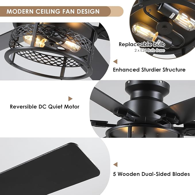 Hounberi 52" Farmhouse Ceiling Fans with Lights and Remote, Industrial Black Flush Mount Ceiling Fan with 6 Double-Sided Blades, 6 Speed Reversible Motor, Caged Rustic Ceiling Fans for Living Room