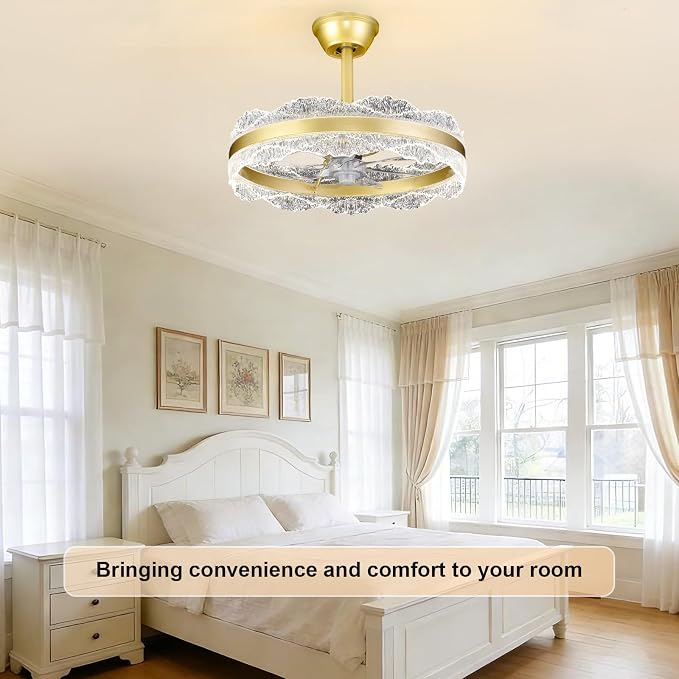 Depuley Fandelier Ceiling Fans with Lights: 20" Gold Cagd Fan with Remote Control - Crystal Chandelier Fan Light for Girl's Bedroom Living Room Nursery