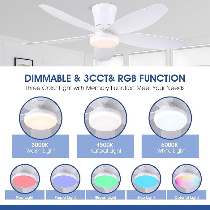 Surtime Flush Mount RGB Ceiling Fans with Lights-48 Low Profile Ceiling Fan with Light and Remote/APP Control,DC Reversible,LED Dimmable Ceiling Fans for Bedroom,Indoor/Outdoor Patio Use(White)