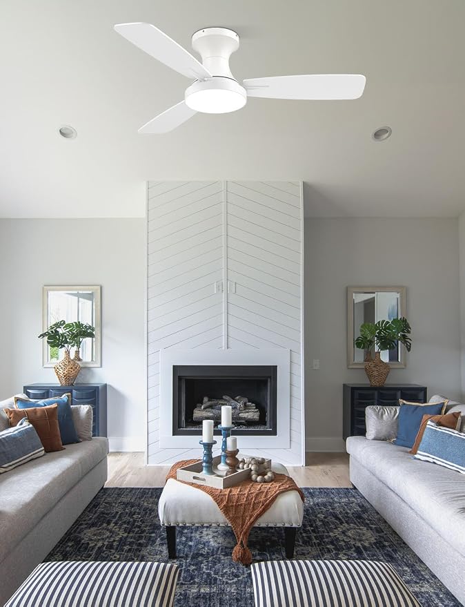 42 inch Smart Ceiling Fan with Light, Low Profile Flush Mount with Remote Control, Ultra-Quiet Reversible DC Motor, 3 Color Temperatures & 6 Speed Dimmable Lighting for Bedroom, White