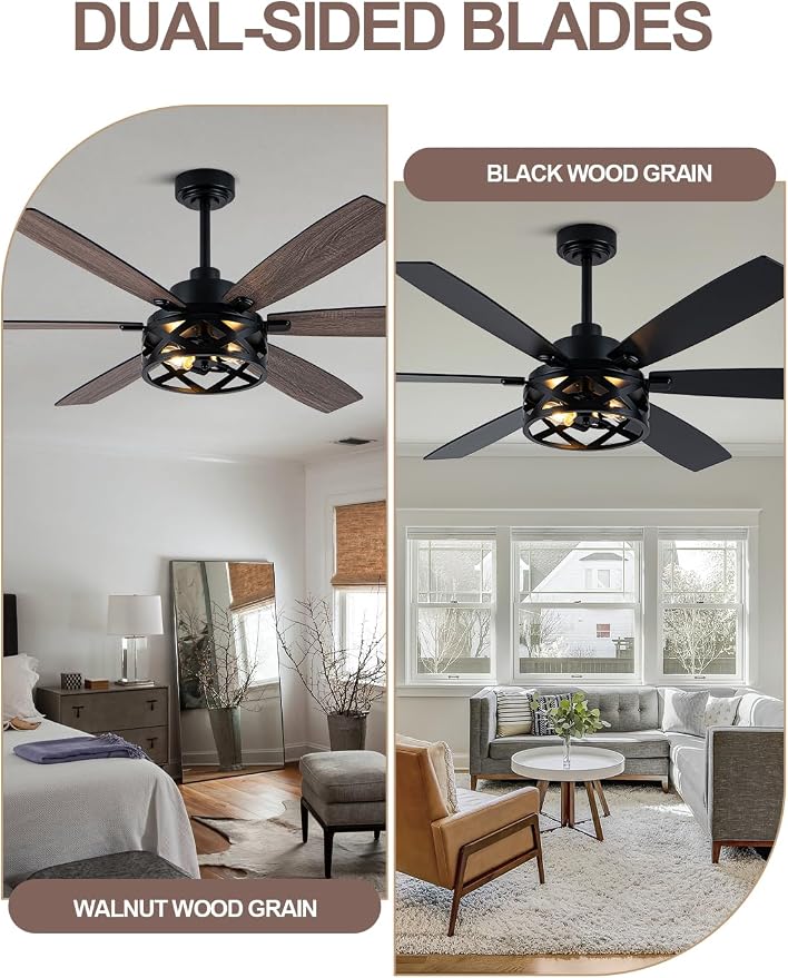 60 Inch Farmhouse Ceiling Fan with Light and Remote Black Rustic Ceiling Fan Quiet and Reversible DC Motor Caged Chandelier Fan for Living Room Bedroom