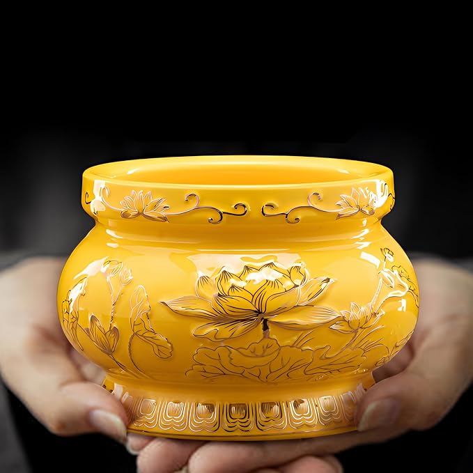 Qinlang Small Yellow Ceramic Buddhist Incense Burner Bowl, Buddha Incense Holder for Stick - 5 Inches