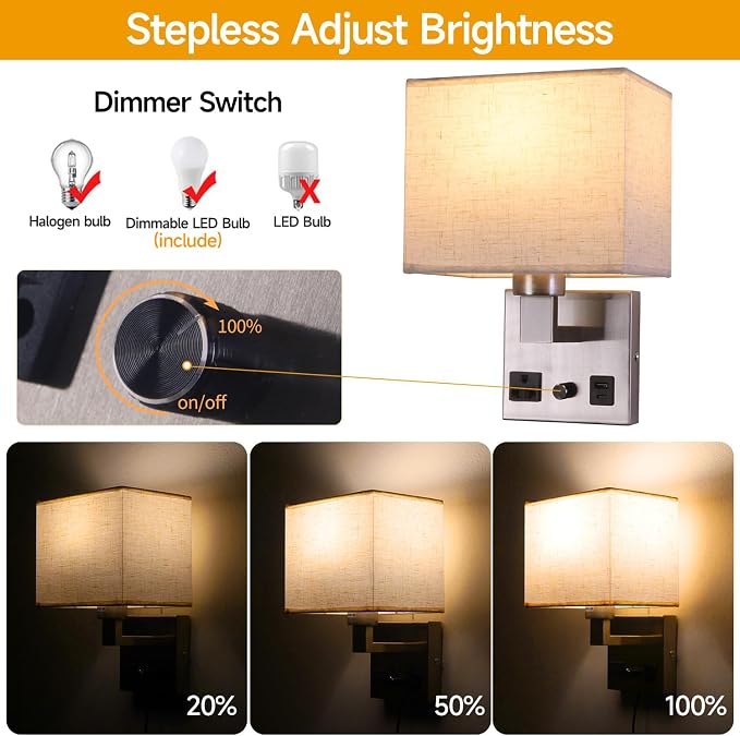 Bedside Wall Lamp for Bedroom, Plug in Wall Sconce - Dimmable Switch with AC Outlet & USB Charging Port, Fabric Shade, Black Wall Mounted Light for Living Room, Hotel (Satin Nickel)