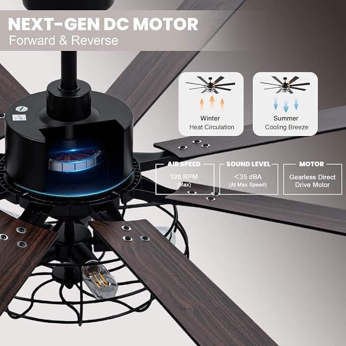 72 Inch Ceiling Fans with Lights Black Farmhouse Ceiling Fan with Remote for Living Room Large Caged Chandelier Fan 5*E26 Bulbs 6 Speed Reversible Quiet DC Motor Wood Blades (NO Bulbs)