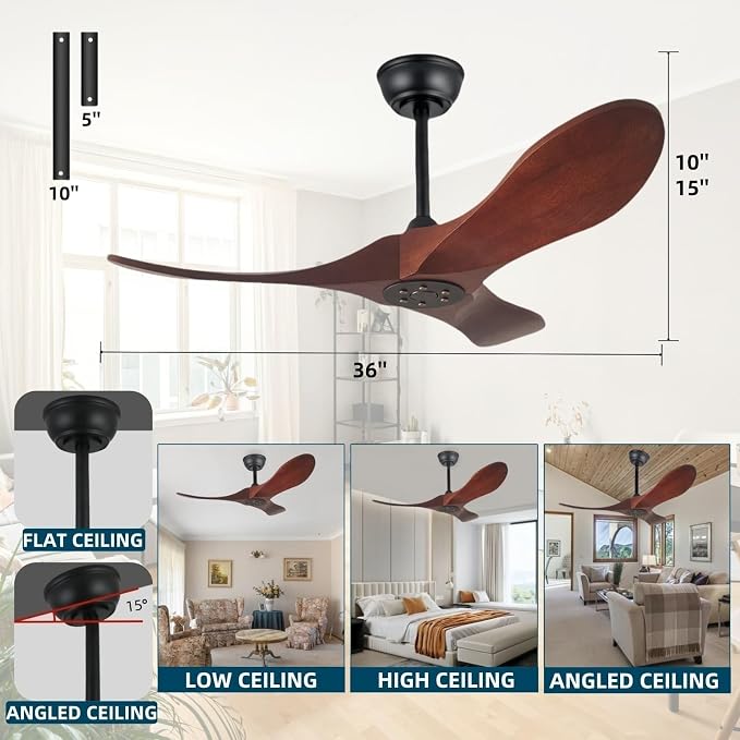 36 Inch Ceiling Fan No Light, 6-Speed Silent DC Motor, Solid Wood Reversible Modern Style Ceiling Fan, Suitable For Living Room, Dining Room, Bedroom, Outdoor