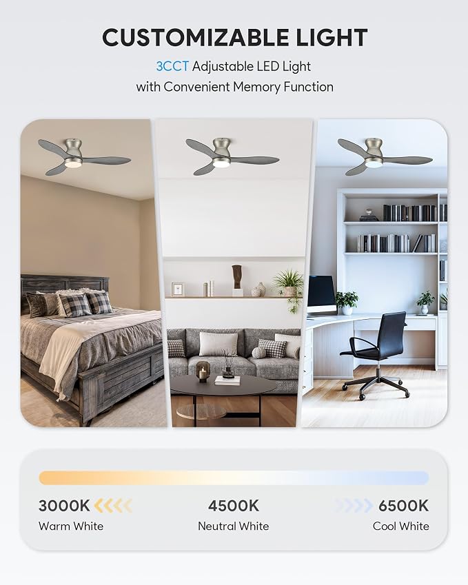 VONLUCE Wood Ceiling Fan with Lights, 42 Inch Flush Mount Ceiling Fan and Remote, 6-Speeds Quiet Reversible DC Motor, 3CCT, Natural Wood 3 Blades Outdoor Ceiling Fan for Patios Farmhouse, Nickel