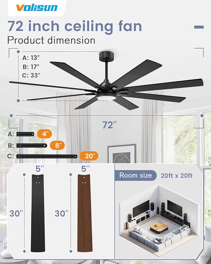 VOLISUN Large Ceiling Fans with Lights, 72 inch Ceiling Fan with Light and Remote, Indoor/Outdoor Black Ceiling Fans for Patio, Living Room, 6 Speed Reversible Quiet, 3 CCT, Dual Finish 8 Blades