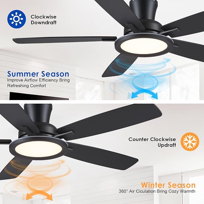 BYKISTOK 52" Flush Mount Ceiling Fan with Lights and Remote - Black Modern Ceiling Fan, Reversible and 5 Dual-Sided Blades, Low Profile Fan Light for Indoor Bedroom, Covered Patios
