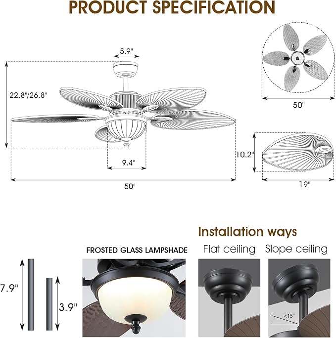 Wiviniya 50 Inch Tropical Ceiling Fans with Lights, Palm Leaf Waterproof Outdoor Ceiling Fan for Patios Porch, Remote/APP Control, Wet Rated, Glass Lampshade, Quiet DC Motor, Dimmable LED, Dark Brown