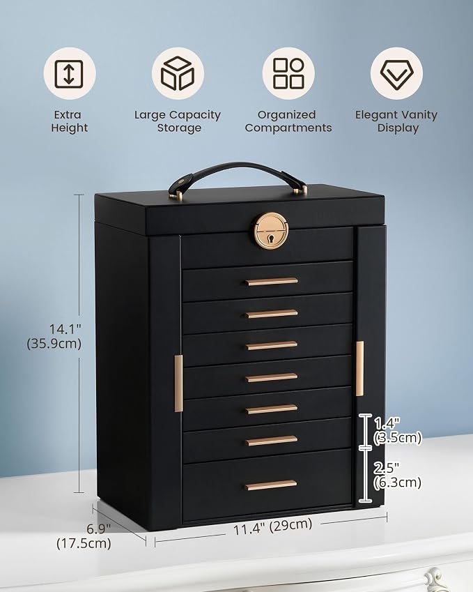 Lolalet Large Jewelry Box Organizer for Women, 8-Layer Jewelry Organizers and Storage Case with Mirror & 7 Drawers, Lockable Watch Ring Earring Bracelet Necklace Holder Girls Gift -8Layer, Black
