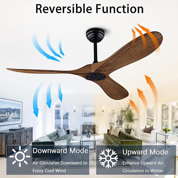 QUTWOB 52" Ceiling Fan with Remote Control No Lights,Modern Reversible DC Motor Indoor Outdoor 3 Blades Ceiling Fans for Patio Bedroom Living Room(Black+Dark Walnut)