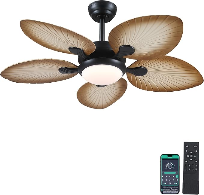 Wiviniya Tropical Ceiling Fans with Lights, 44 Inch Palm Leaf Outdoor Ceiling Fan with Light for Patios Porch Bedroom, Remote/APP Control, Reversible Quiet DC Motor, Dimmable LED, Wood Grain